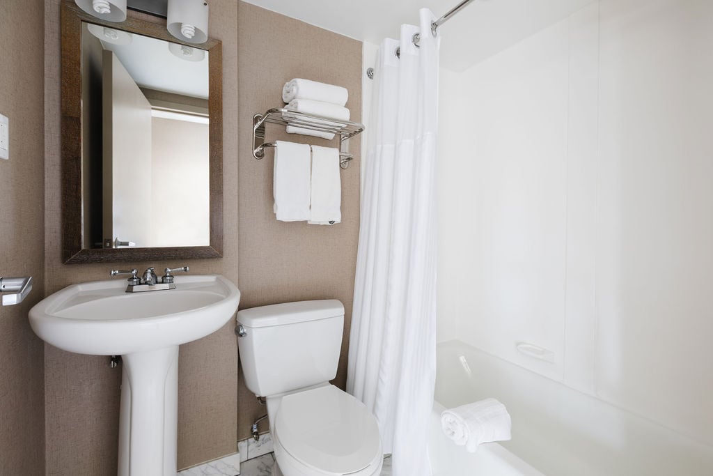 Modern bathroom with combination shower and bath.