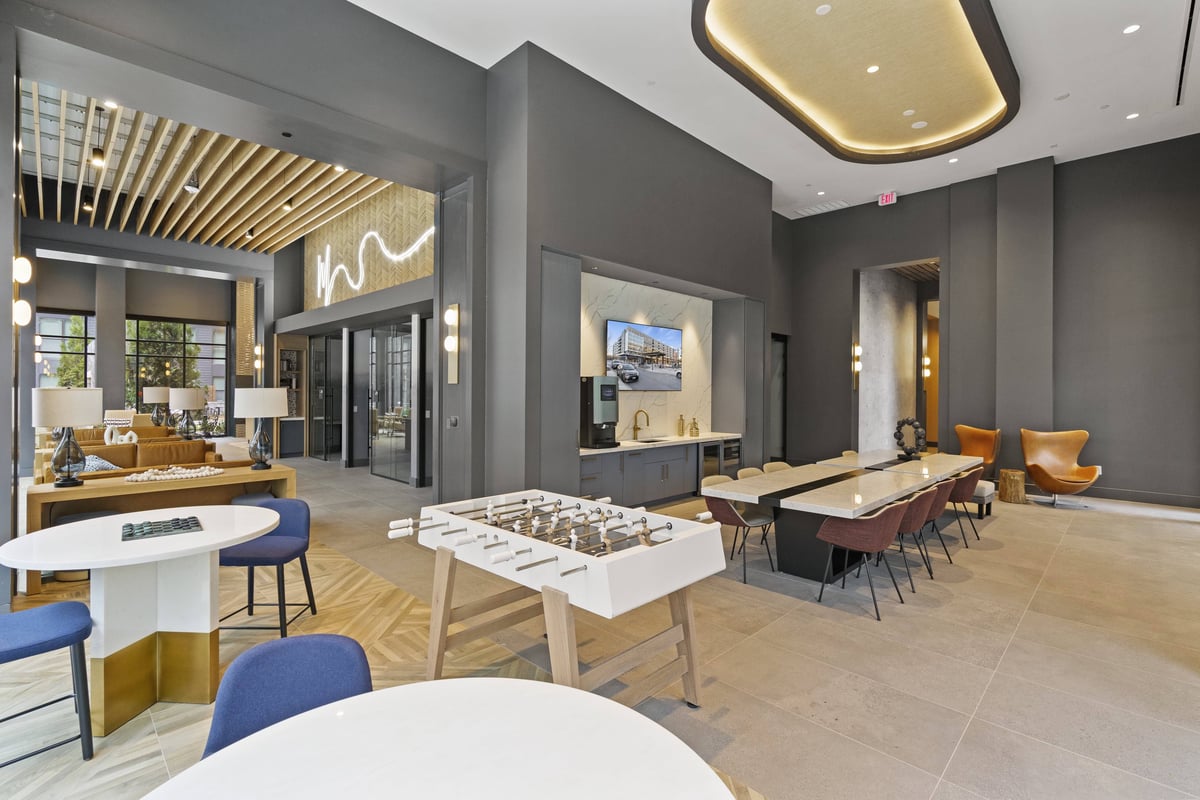 Games and seating in spacious lobby.