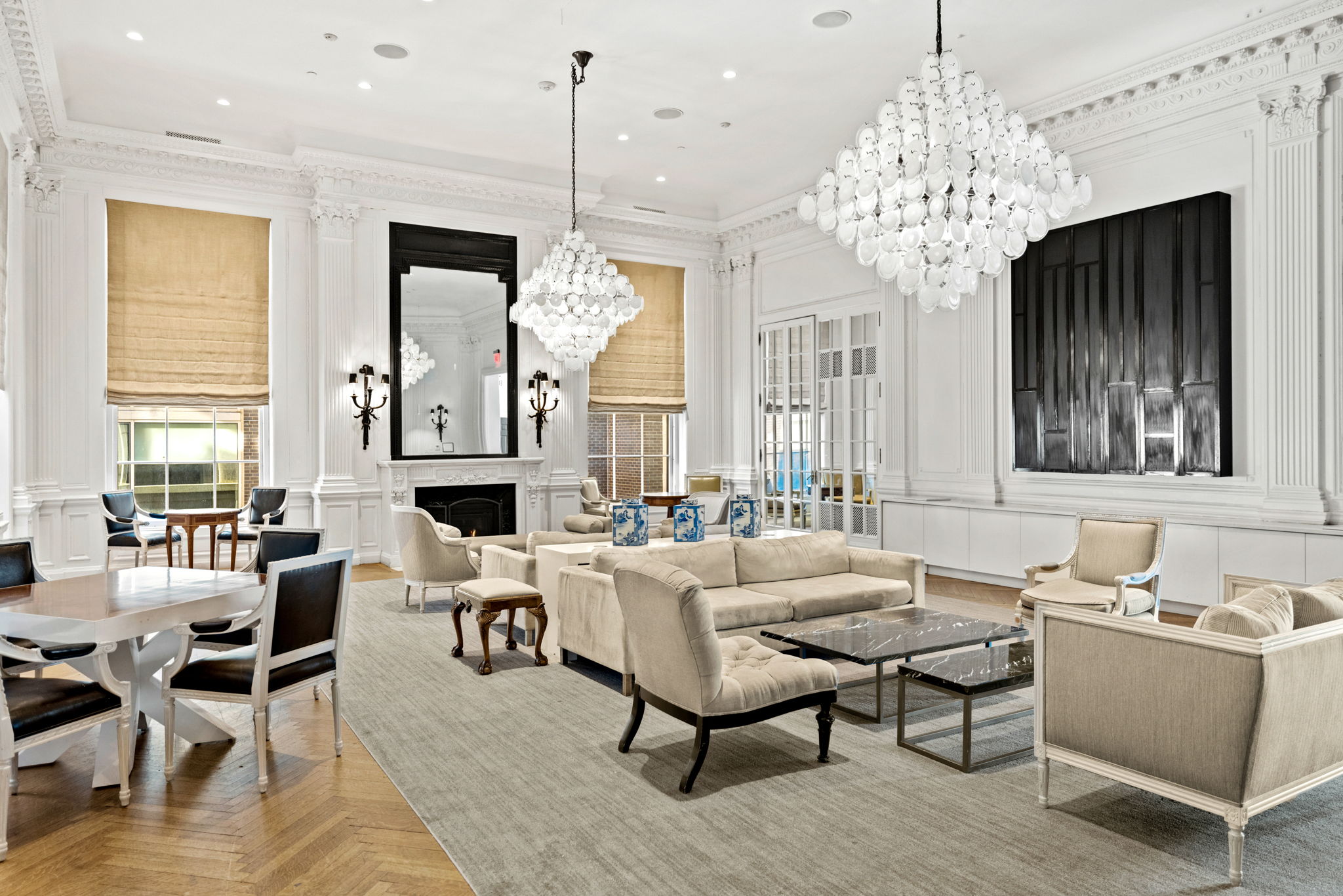 Elegant event space at Placemakr Dupont Circle with historic architecture, crystal chandeliers, and versatile seating for gatherings or meetings.