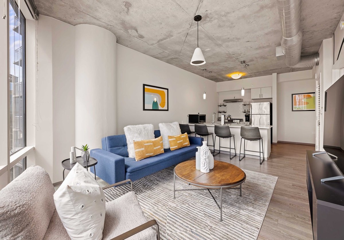 Spacious living and kitchen area.