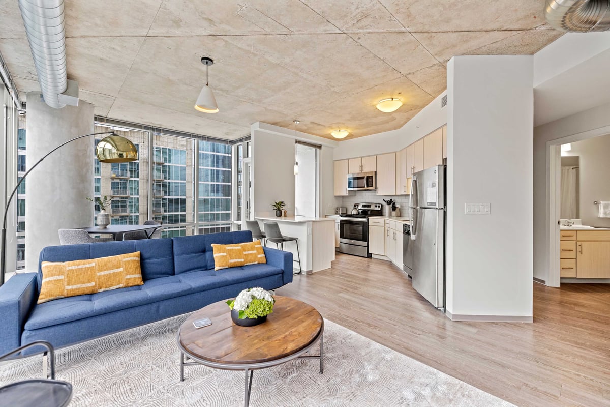 Living area and kitchen.