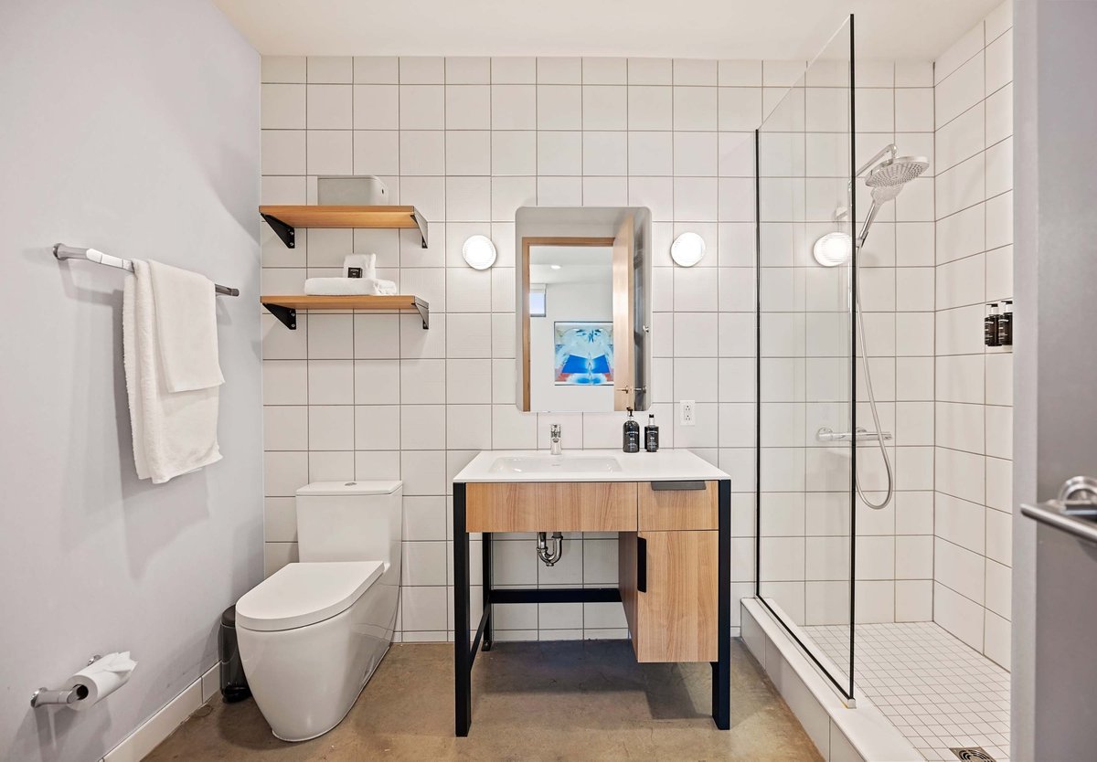 Bathroom with walk-in shower. 