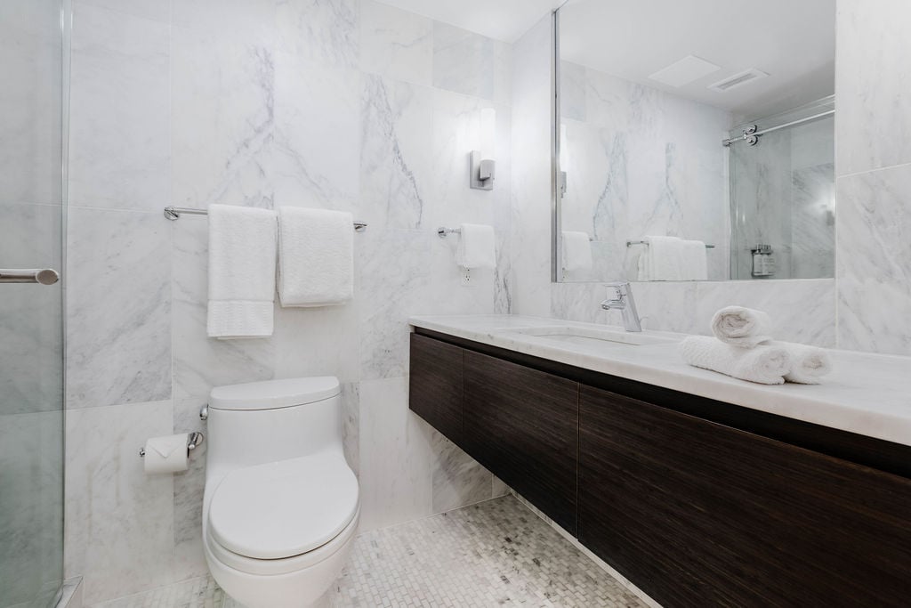 Modern marble bathroom.