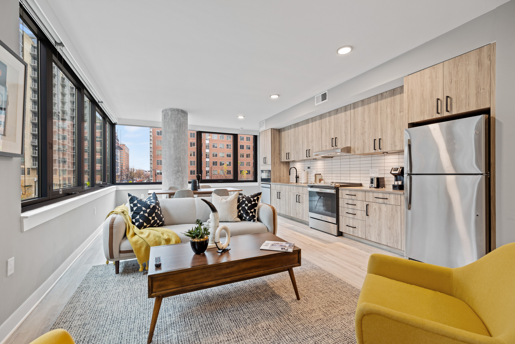 Spacious living room and kitchen area