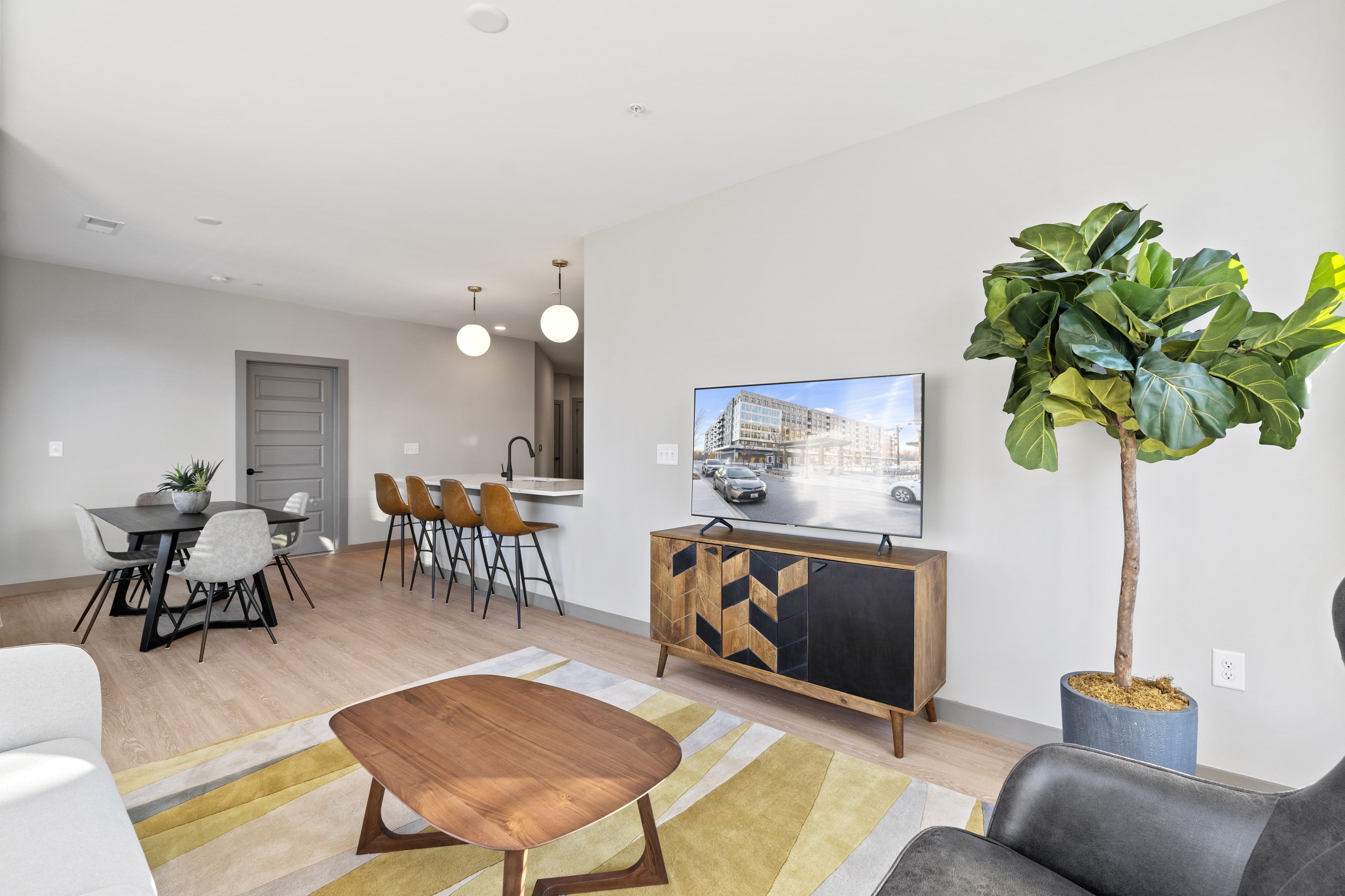 Living and dining area with television. 