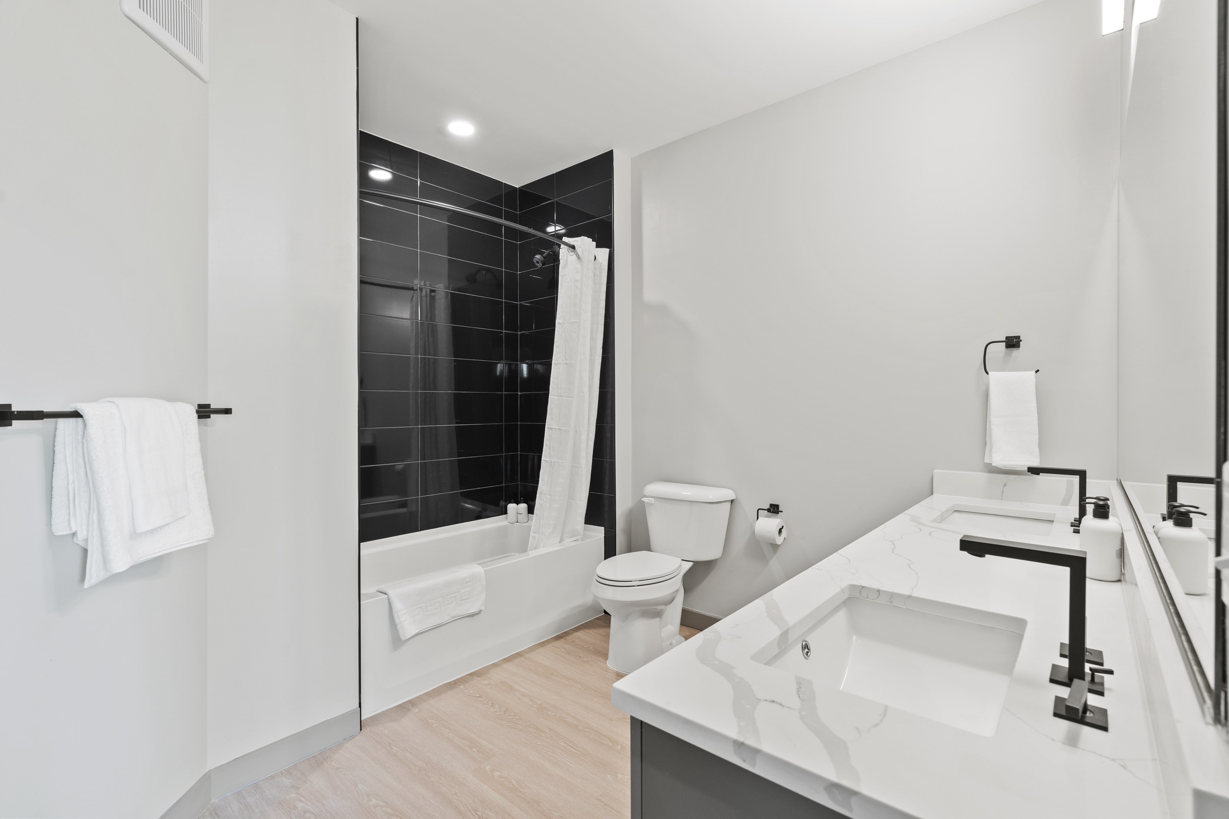 Modern bathroom with double sinks. 