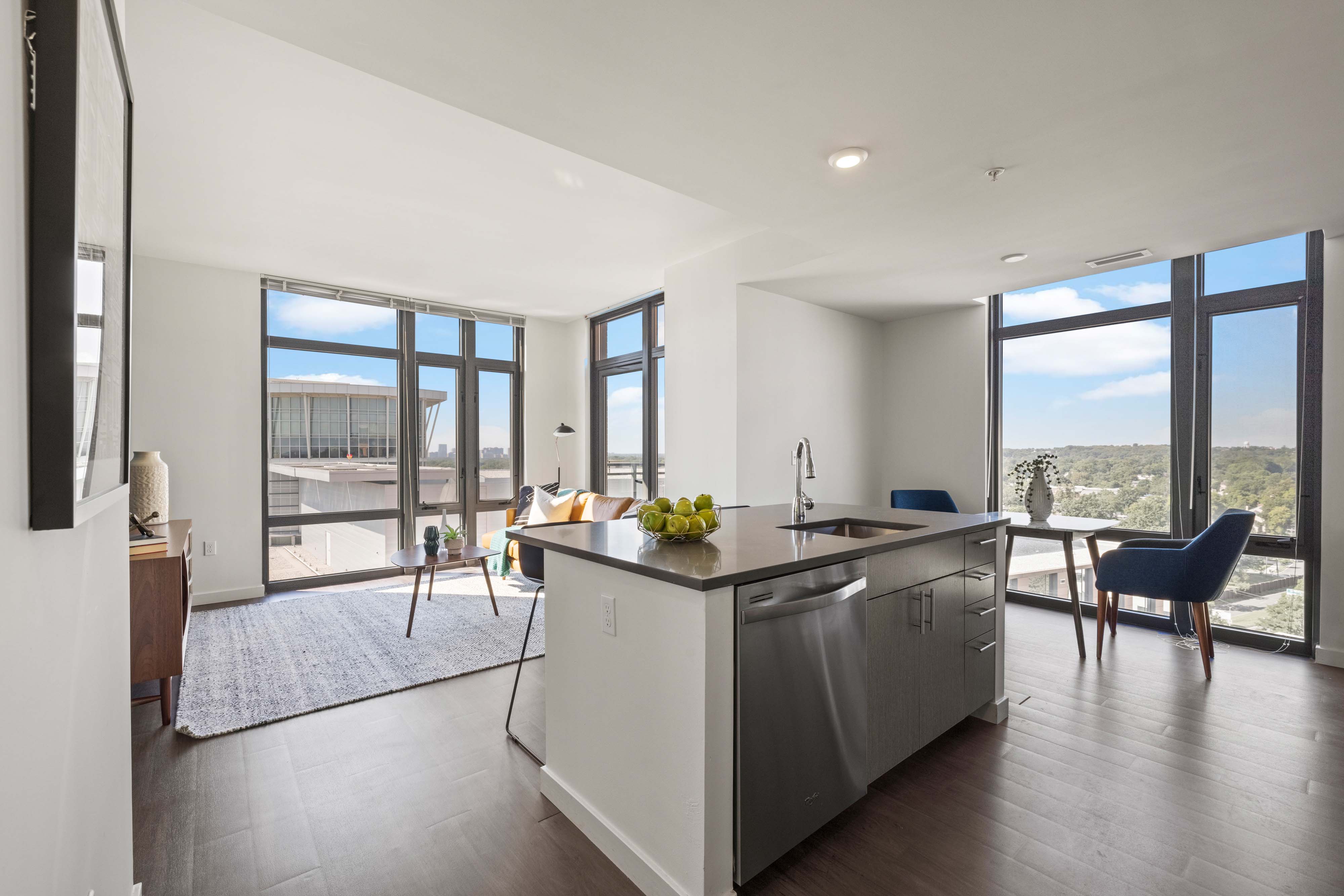 Kitchen island in hotel suite 