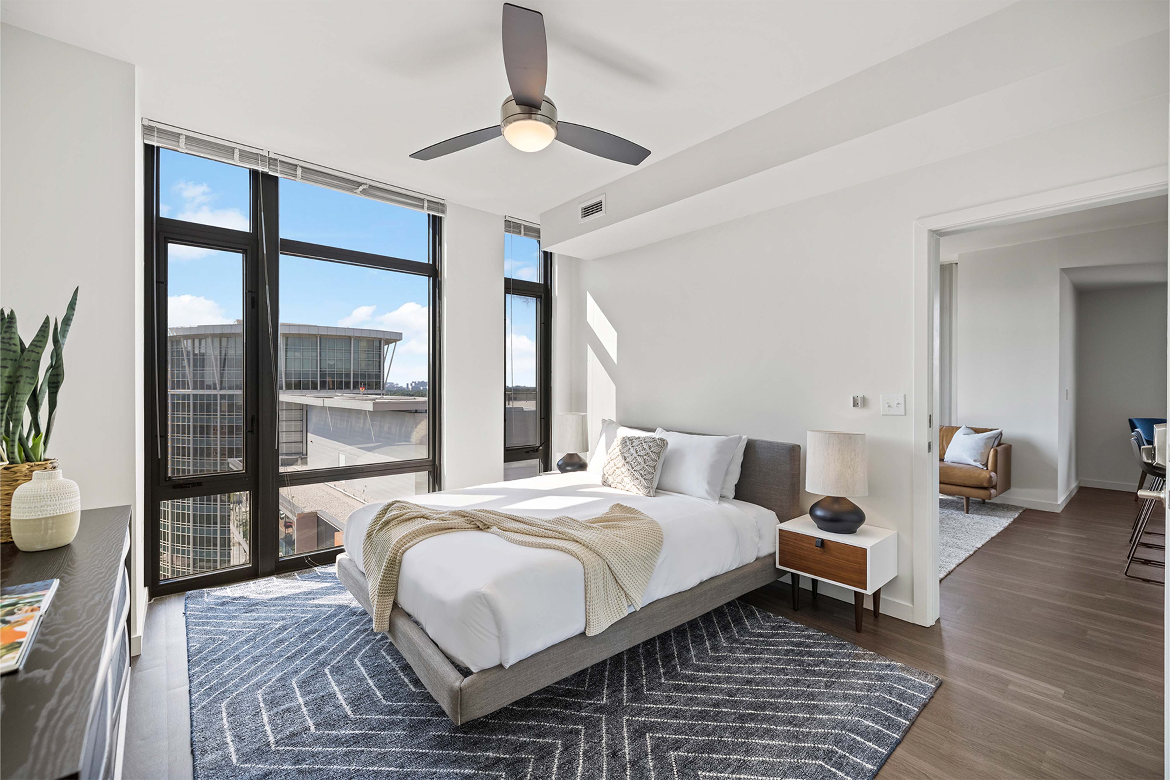 Bedroom with floor to ceiling windows in Arlington
