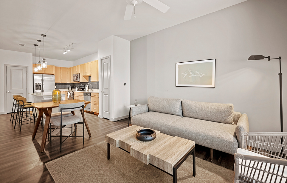 Living room, dining area, and full kitchen.