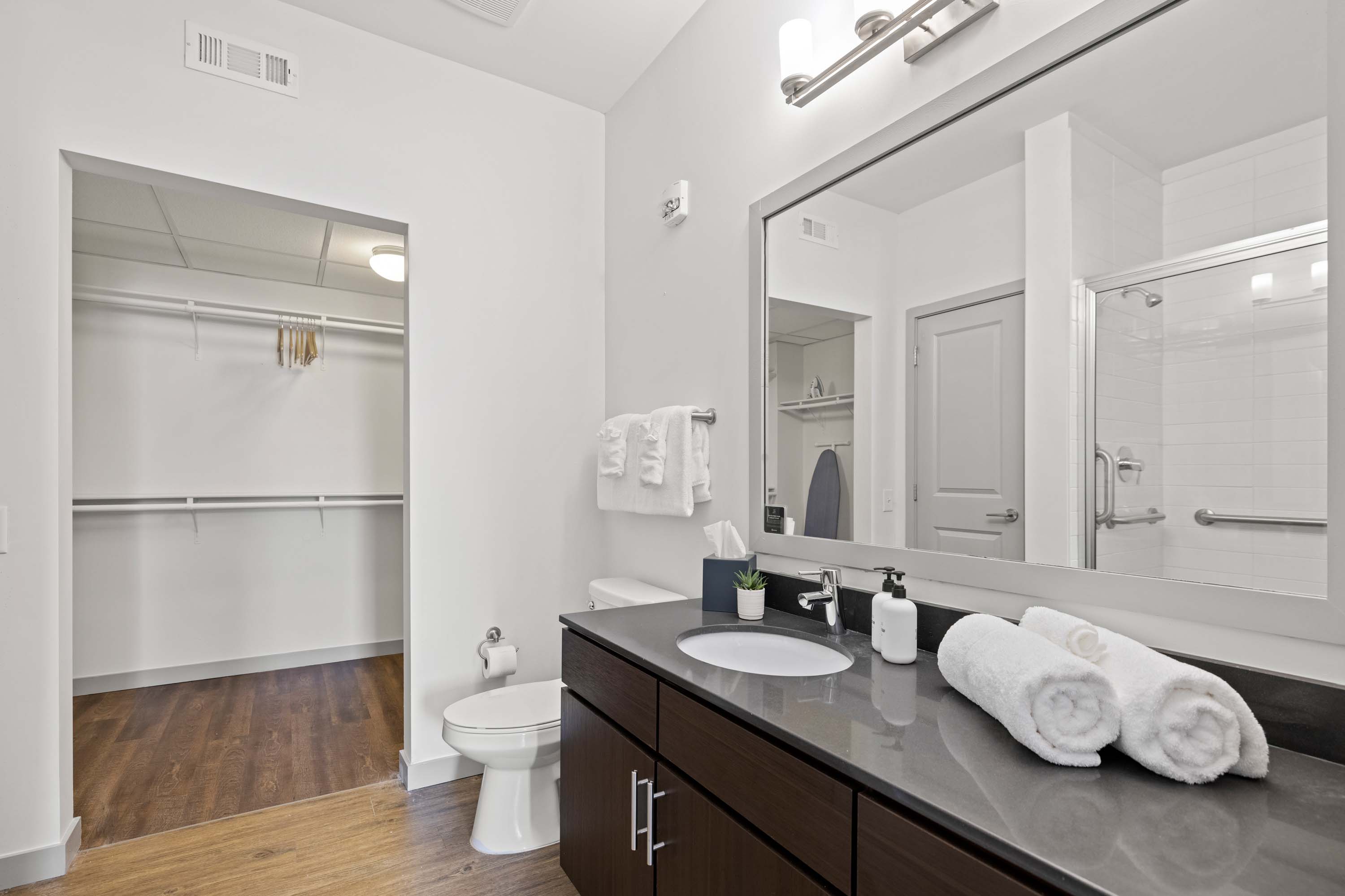 Spacious bathroom with walk-in closet.