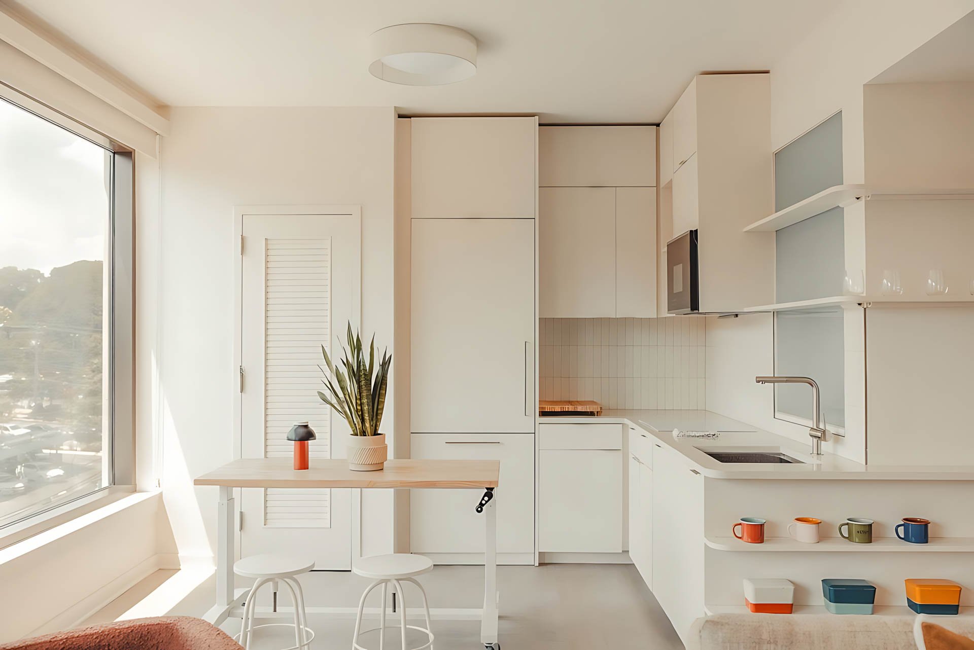 ATGA001_Guestroom_Premium Two Bedroom_Kitchen_White kitchen wooden table