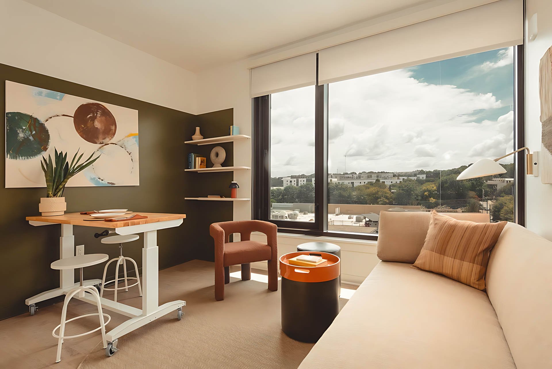 ATGA001_Guestroom_One Bedroom_Work Desk_Orange Accent Olive Wall