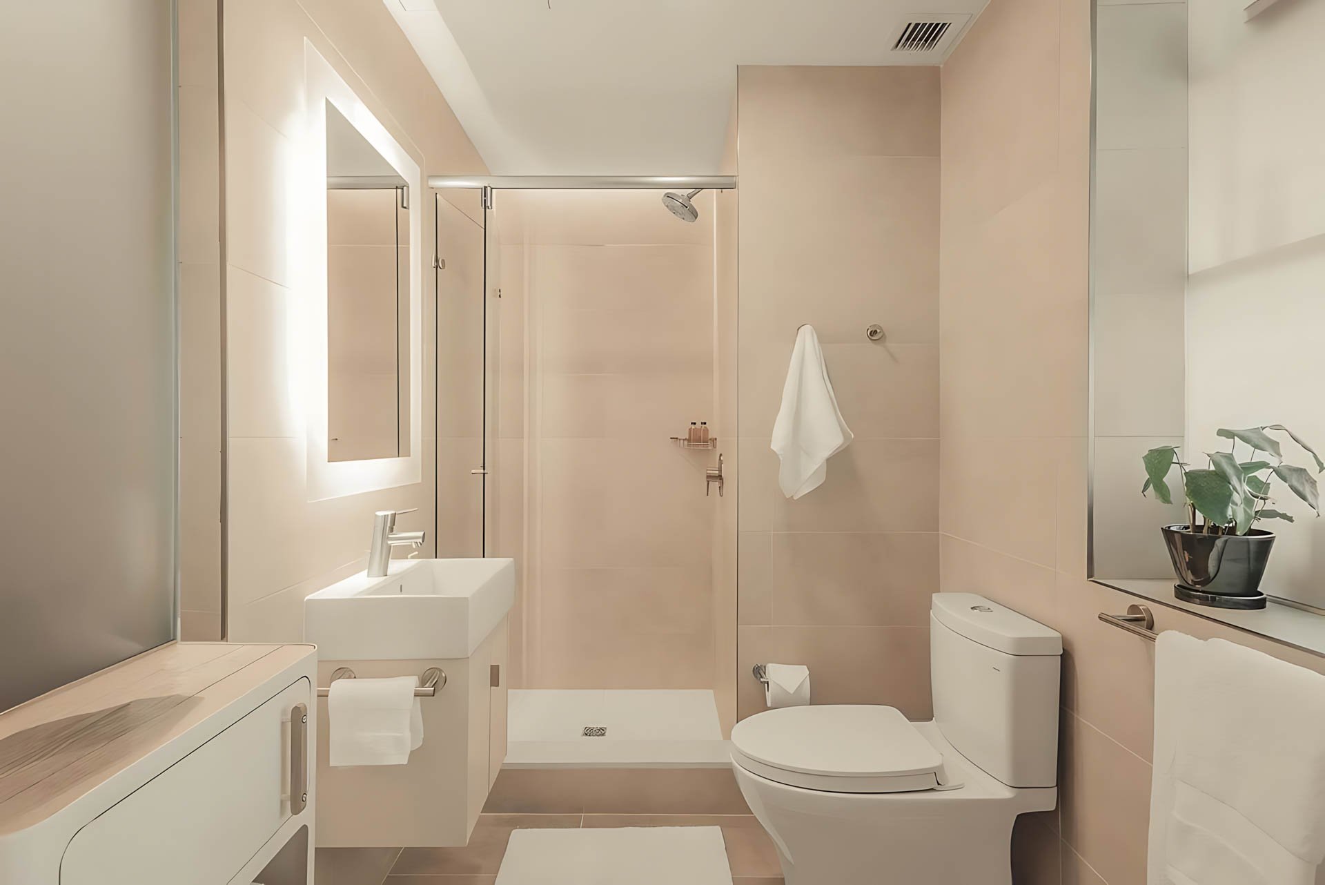 ATGA001_Guestroom_Premium One Bedroom_Bathroom_Glass shower beige tiles