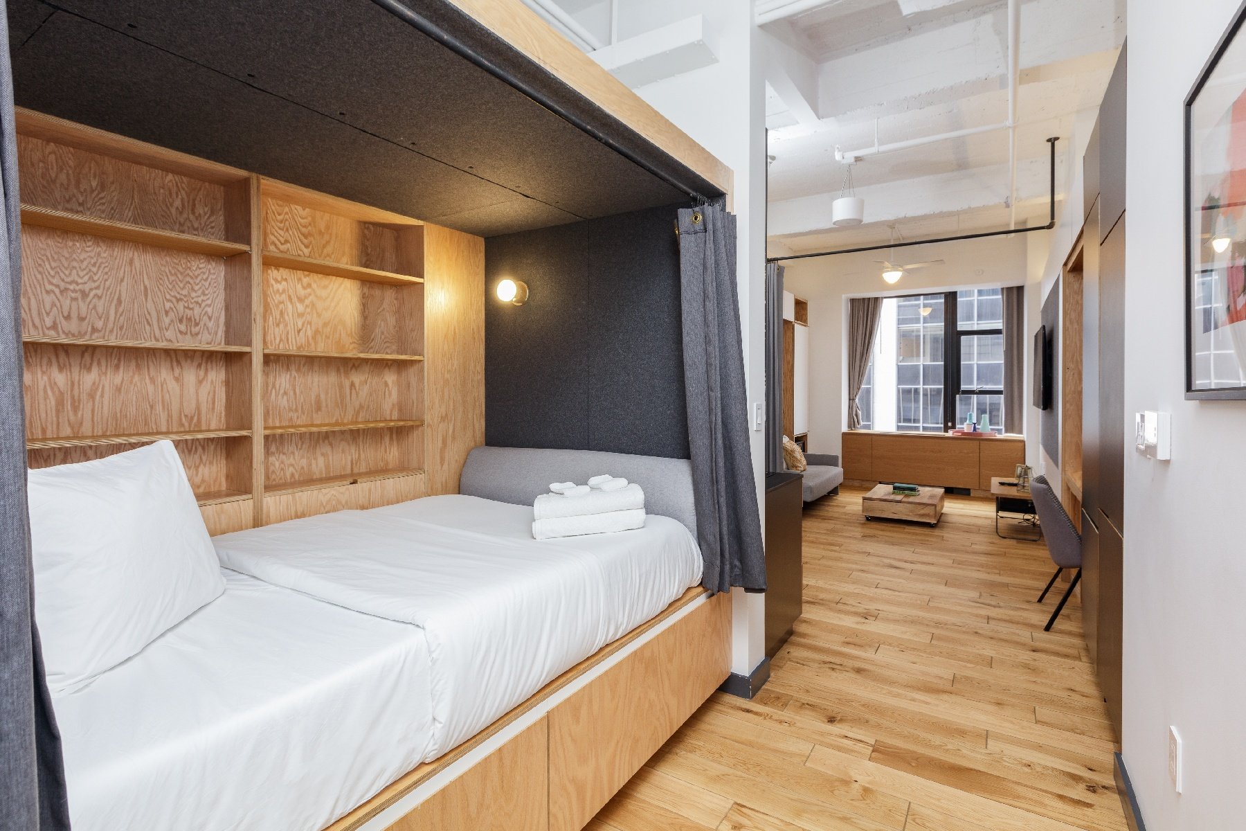 Alcove bed and living space.