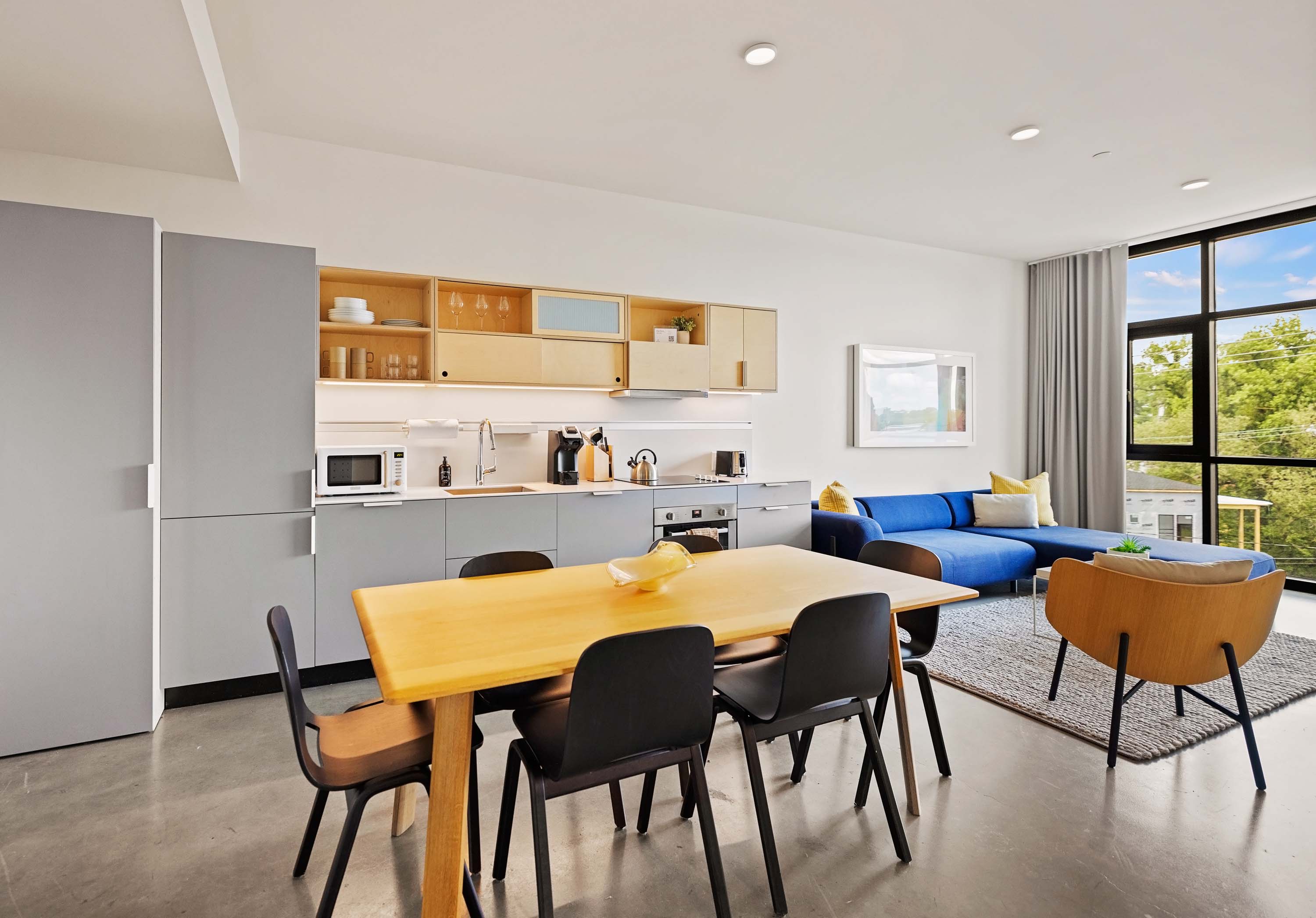 Dining area and full kitchen. 