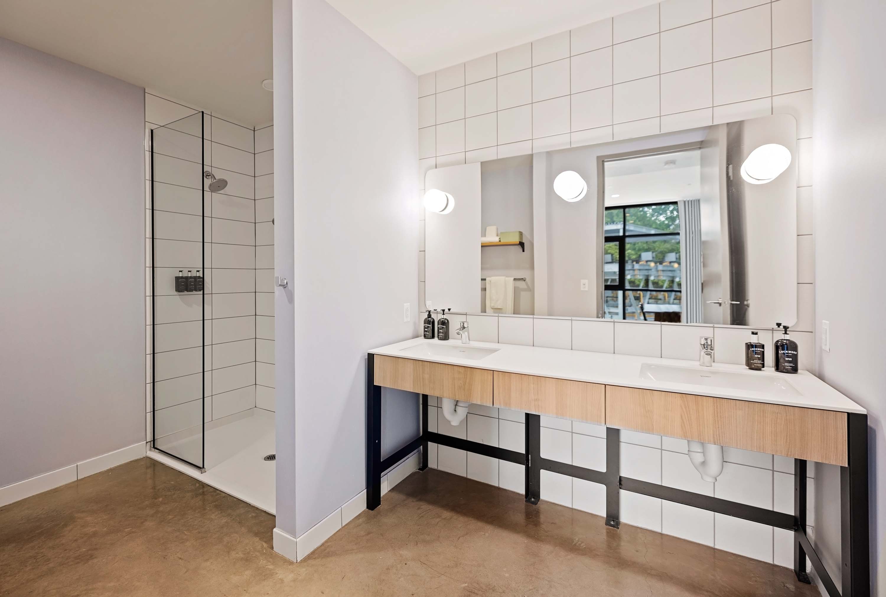 Large bathroom with double sinks. 