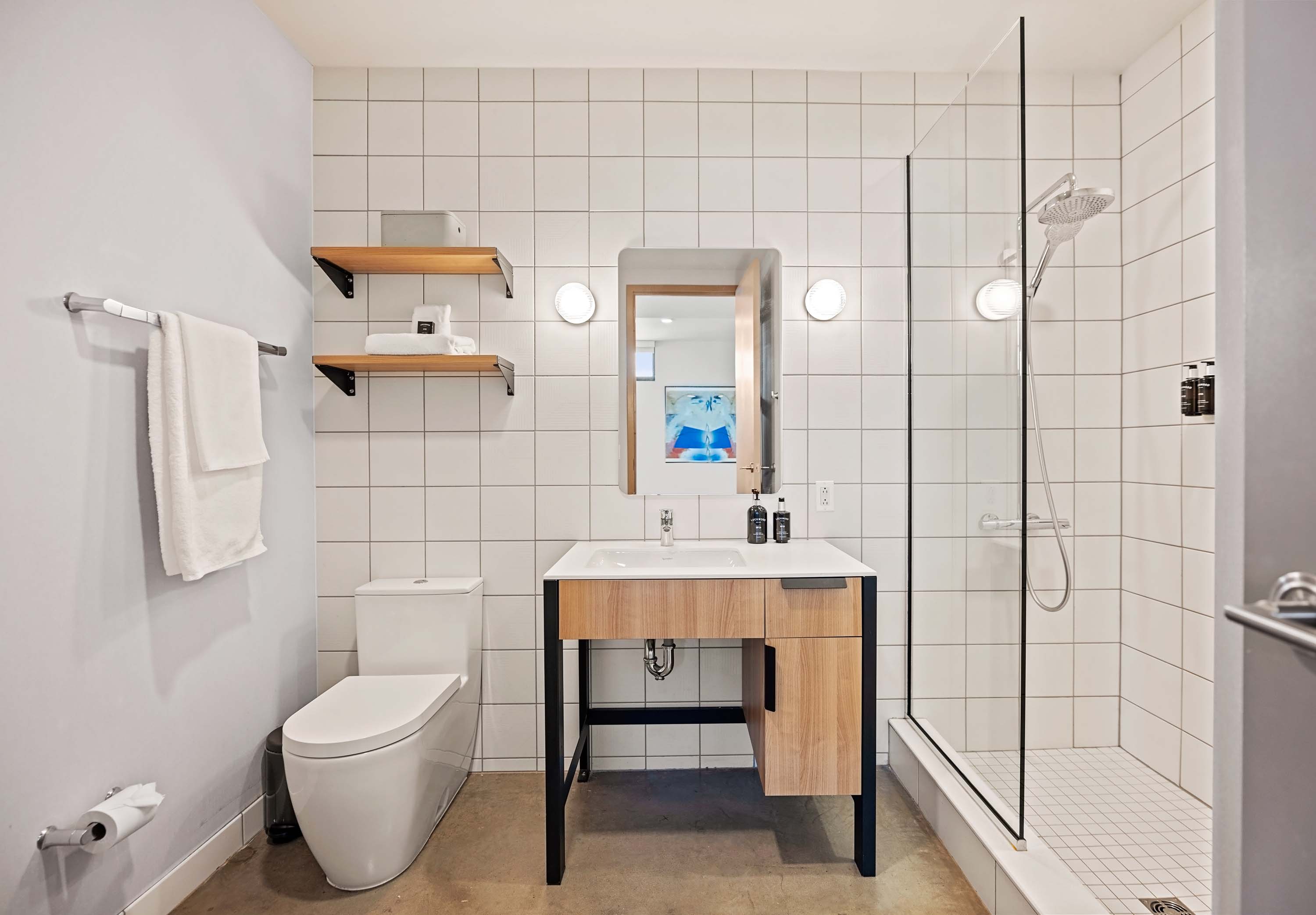 Modern bathroom with walk-in shower. 